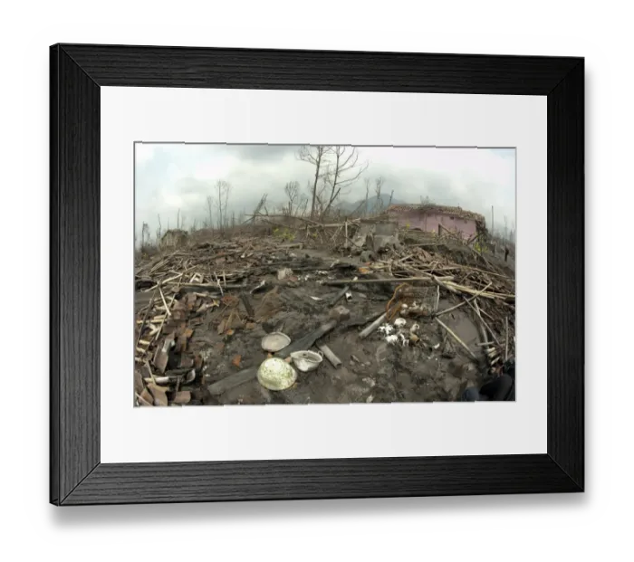 Framed Print : Ash covered debris, dead trees and damaged house, from recent volcanic eruption, Umbulharjo, Cangkringan, Mount Merapi Framed Print : Ash covered debris, dead trees and damaged house, from recent volcanic eruption, Umbulharjo, Cangkringan, Mount Merapi