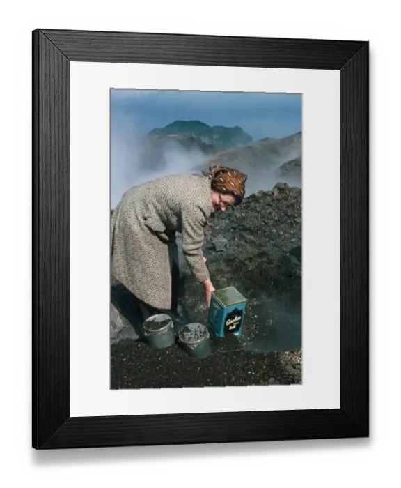 Framed Print : Woman baking bread in heat of lava flow, Eldfell Volcano, Heimaey, Westmann Isles, Iceland, june 1976 Framed Print : Woman baking bread in heat of lava flow, Eldfell Volcano, Heimaey, Westmann Isles, Iceland, june 1976