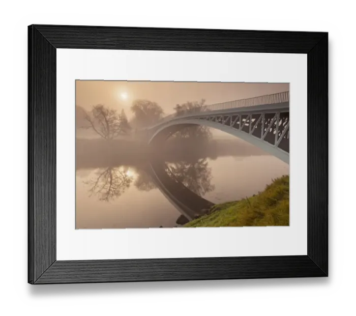 Framed Print : View of river and cast iron road bridge in mist at dawn, Bigsweir, River Wye, Wye Valley, on border of Gloucestershire Framed Print : View of river and cast iron road bridge in mist at dawn, Bigsweir, River Wye, Wye Valley, on border of Gloucestershire