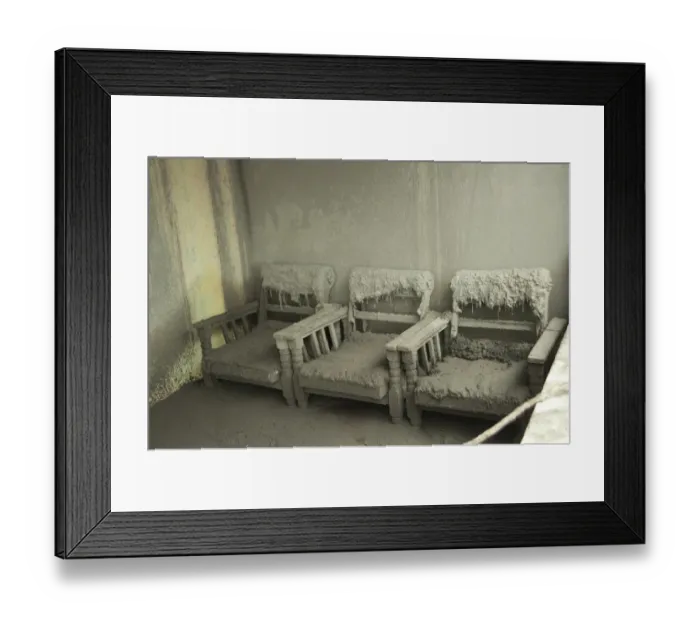 Framed Print : Ash covered chairs in house damaged from recent volcanic eruption, Kepuharjo, Mount Merapi, Central Java, Indonesia Framed Print : Ash covered chairs in house damaged from recent volcanic eruption, Kepuharjo, Mount Merapi, Central Java, Indonesia