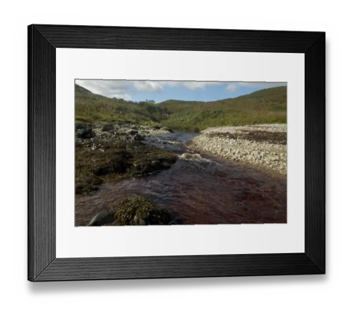Framed Print : Peat stained river flowing into coastal strait, Glen Logan, Islay Sound, Islay, Inner Hebrides, Scotland, september