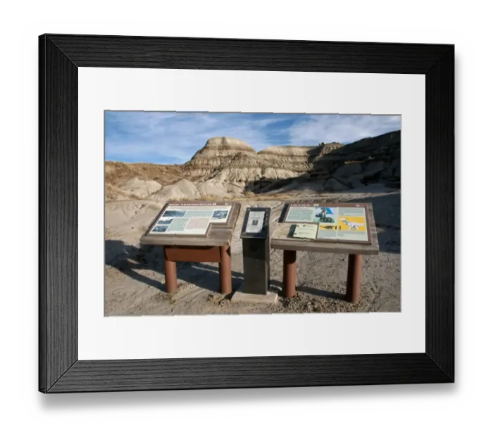 Framed Print : Dinosaur information boards in badlands habitat, Dinosaur Provincial Park, Alberta, Canada, october