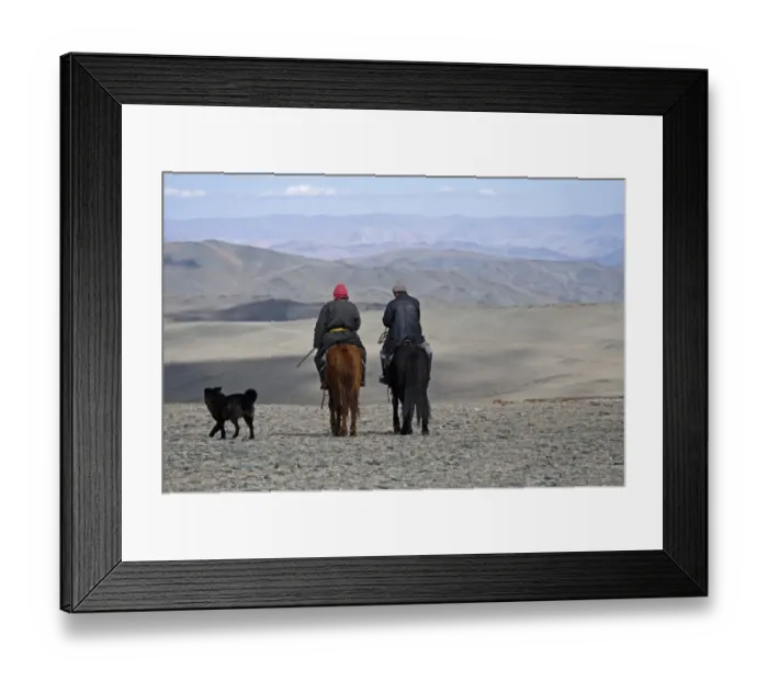 Framed Print : Two Kazakh nomads on horseback with dog, Altai Mountains, Bayan-Ulgii, Western Mongolia, october
