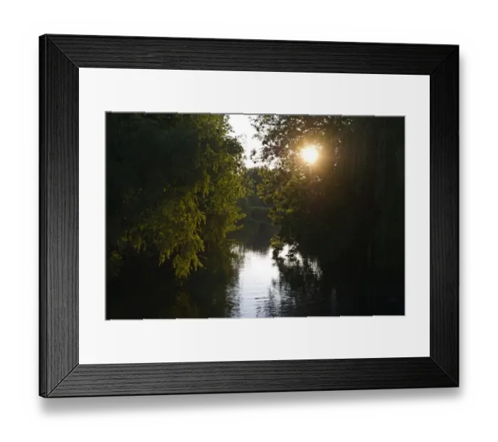 Framed Print : Sun shining through trees overhanging river, River Burn, Burnham Norton, Norfolk, England, june Framed Print : Sun shining through trees overhanging river, River Burn, Burnham Norton, Norfolk, England, june