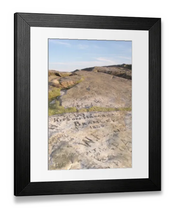 Framed Print : Victorian graffiti on gritstone, above Cow and Calf Rocks, Ilkley Moor, Rombalds Moor, West Yorkshire, England Framed Print : Victorian graffiti on gritstone, above Cow and Calf Rocks, Ilkley Moor, Rombalds Moor, West Yorkshire, England
