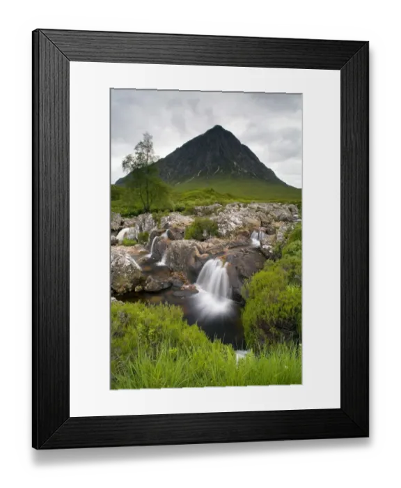 Framed Print : View of moorland with small waterfalls in rocky stream and mountain in background, Stob Dearg, Buachaille Etive Mor Framed Print : View of moorland with small waterfalls in rocky stream and mountain in background, Stob Dearg, Buachaille Etive Mor