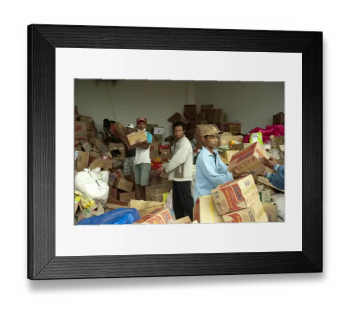 Framed Print : Volunteers unpacking boxes of supplies for refugees from recent volcanic eruption, Maguwo, Mount Merapi, Central Java Framed Print : Volunteers unpacking boxes of supplies for refugees from recent volcanic eruption, Maguwo, Mount Merapi, Central Java