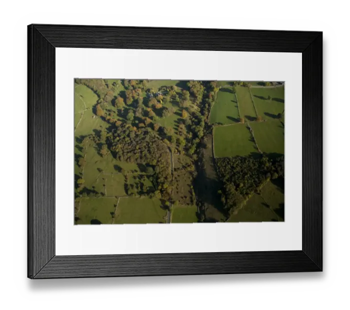 Framed Print : Aerial view of wooded valley and farmland, Bradford Dale, White Peak, Peak District, Derbyshire, England, september Framed Print : Aerial view of wooded valley and farmland, Bradford Dale, White Peak, Peak District, Derbyshire, England, september