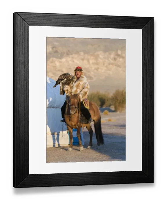 Framed Print : Kazakh hunter on horseback with hooded Golden Eagle (Aquila chrysaetos), Altai Mountains, Bayan-Ulgii Framed Print : Kazakh hunter on horseback with hooded Golden Eagle (Aquila chrysaetos), Altai Mountains, Bayan-Ulgii