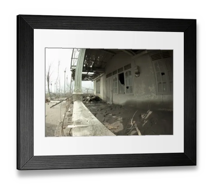 Framed Print : Ash covered damaged house and dead trees, from recent volcanic eruption, Kepuharjo, Mount Merapi, Central Java Framed Print : Ash covered damaged house and dead trees, from recent volcanic eruption, Kepuharjo, Mount Merapi, Central Java