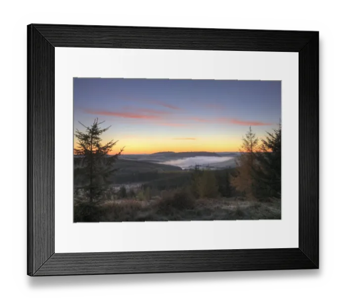 Framed Print : View over reservoir in mist at dawn, Llyn Clywedog, Hafren Forest, Powys, Wales, october Framed Print : View over reservoir in mist at dawn, Llyn Clywedog, Hafren Forest, Powys, Wales, october