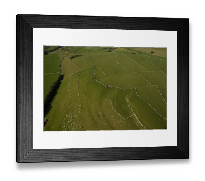 Framed Print : Aerial view of drystone walls, sheep in pasture and farm reservoir, White Peak, Peak District, Derbyshire, England Framed Print : Aerial view of drystone walls, sheep in pasture and farm reservoir, White Peak, Peak District, Derbyshire, England