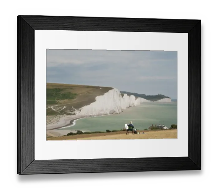 Framed Print : Artist with easel, painting chalk sea cliffs, Seven Sisters, Seaford, South Downs N. P. East Sussex, England, july Framed Print : Artist with easel, painting chalk sea cliffs, Seven Sisters, Seaford, South Downs N. P. East Sussex, England, july