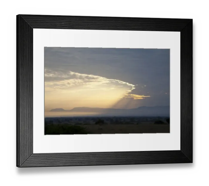 Framed Print : View of sunbeams over savannah landscape at sunrise, Queen Elizabeth N. P. Uganda Framed Print : View of sunbeams over savannah landscape at sunrise, Queen Elizabeth N. P. Uganda