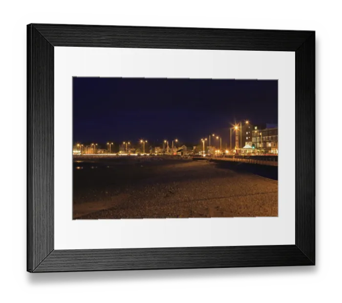 Framed Print : View of seaside resort town beach and promenade at night, Morecambe Promenade, Morecambe, Lancashire, England