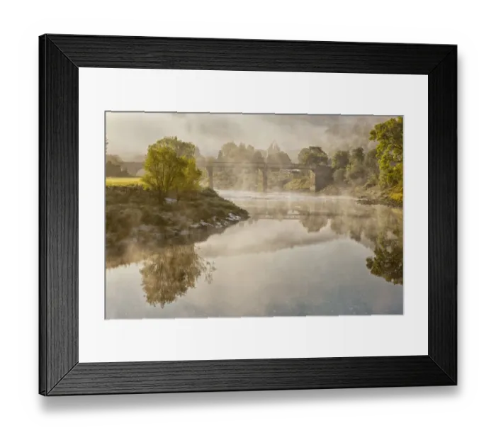 Framed Print : View of river, bridge and Cistercian abbey ruins in mist at dawn, Tintern Abbey, Tintern, River Wye, Wye Valley