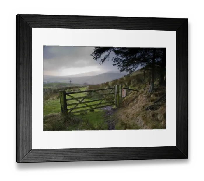Framed Print : Wooden gate in upland habitat, looking towards Bowland Fells, Higher Fence Wood, Whitewell, Lancashire, England Framed Print : Wooden gate in upland habitat, looking towards Bowland Fells, Higher Fence Wood, Whitewell, Lancashire, England