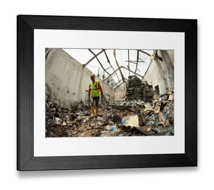 Framed Print : Rescue worker walking around abandoned water supplies, debris and damaged house, from recent volcanic eruption Framed Print : Rescue worker walking around abandoned water supplies, debris and damaged house, from recent volcanic eruption