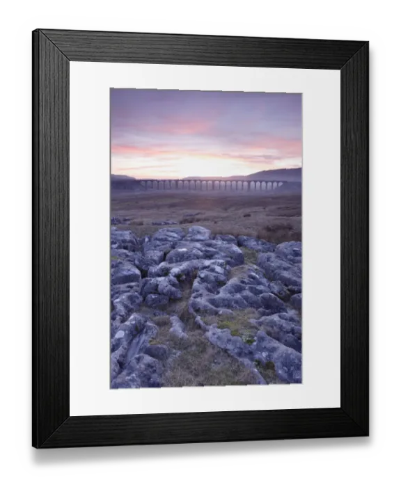 Framed Print : View of limestone rocks and Ribblehead Viaduct at sunset, Ribblehead, Ribblesdale, Yorkshire Dales N. P
