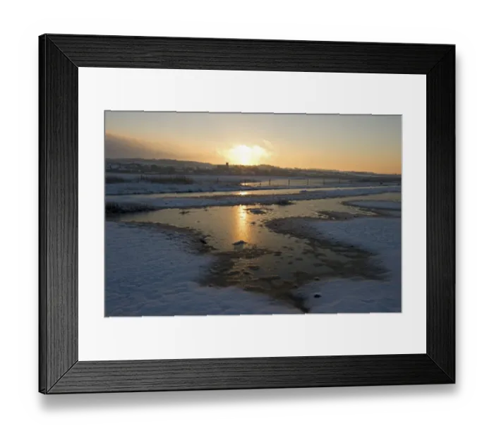 Framed Print : View of snow covered coastal grazing marsh habitat at sunset, Salthouse, Norfolk, England, december Framed Print : View of snow covered coastal grazing marsh habitat at sunset, Salthouse, Norfolk, England, december