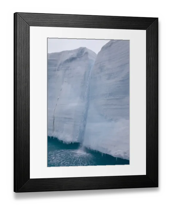 Framed Print : Coastal glacier terminus with waterfall from melting ice, Brasvellbreen Glacier, Nordaustlandet, Svalbard, august Framed Print : Coastal glacier terminus with waterfall from melting ice, Brasvellbreen Glacier, Nordaustlandet, Svalbard, august