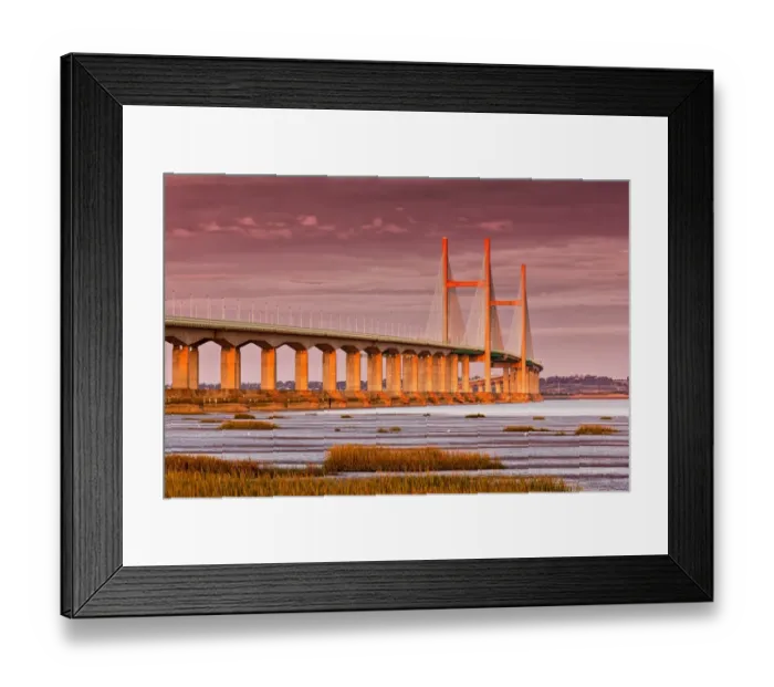 Framed Print : View of road bridge over river at sunset, viewed from Caldicot, Second Severn Crossing, River Severn, Severn Estuary Framed Print : View of road bridge over river at sunset, viewed from Caldicot, Second Severn Crossing, River Severn, Severn Estuary