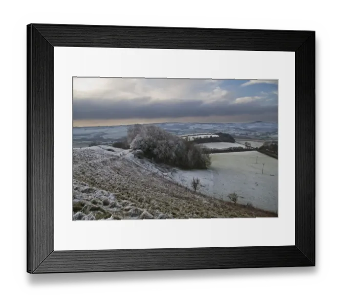 Framed Print : Rime frost, on hillside in rural landscape, Dorset, England, december