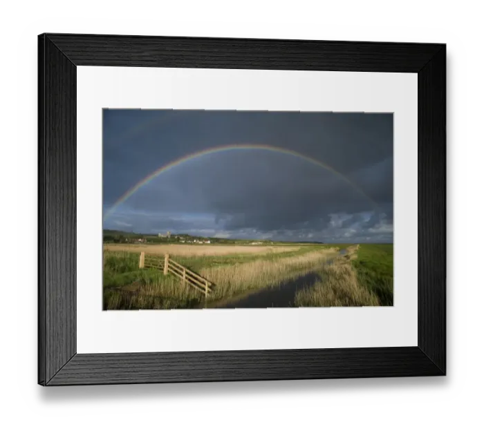 Framed Print : Rainbow over coastal grazing marsh habitat, Salthouse, North Norfolk, England, may Framed Print : Rainbow over coastal grazing marsh habitat, Salthouse, North Norfolk, England, may