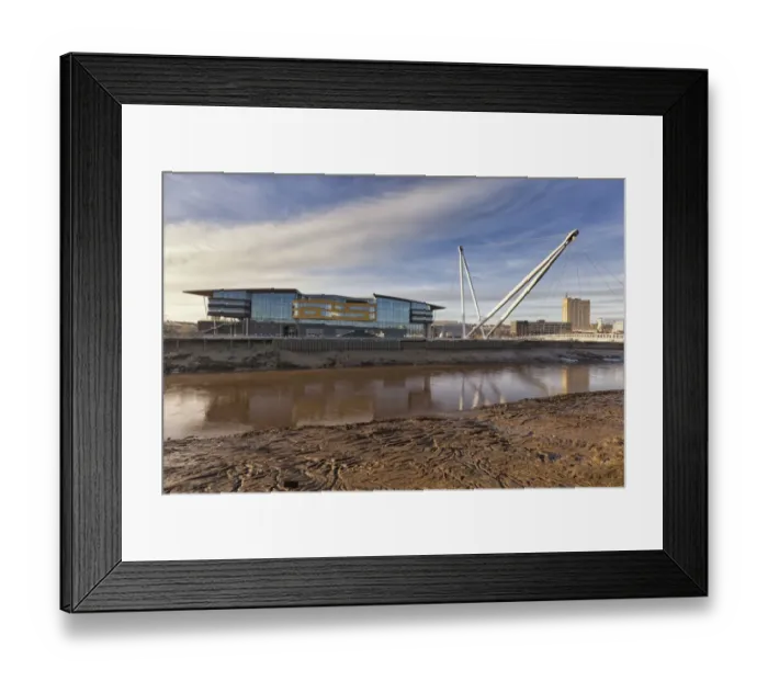 Framed Print : View of tidal river, waterfront buildings and footbridge, Newport University, Newport City Footbridge, River Usk Framed Print : View of tidal river, waterfront buildings and footbridge, Newport University, Newport City Footbridge, River Usk