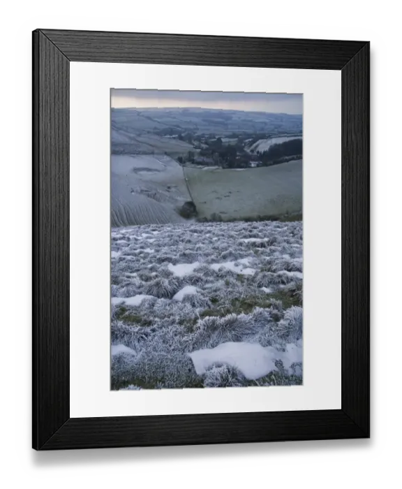 Framed Print : Rime frost, on hillside in rural landscape, Dorset, England, december Framed Print : Rime frost, on hillside in rural landscape, Dorset, England, december