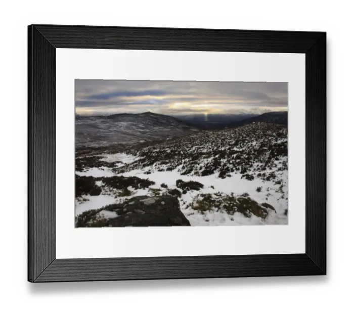 Framed Print : View of snow covered upland habitat with distant sunbeams, Monadhliath Mountains, Strathspey, Cairngorm N. P Framed Print : View of snow covered upland habitat with distant sunbeams, Monadhliath Mountains, Strathspey, Cairngorm N. P