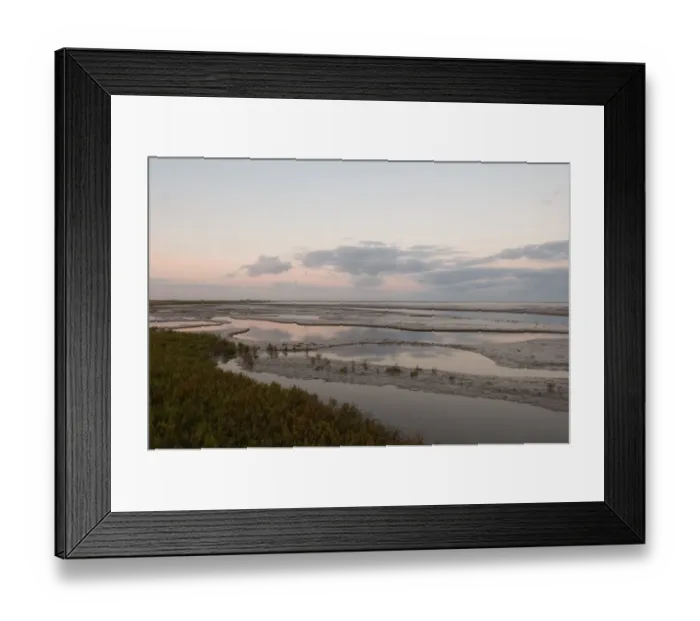 Framed Print : View of saltmarsh and tidal mudflats habitat at sunrise, The Wash, Snettisham RSPB Reserve, North Norfolk, England Framed Print : View of saltmarsh and tidal mudflats habitat at sunrise, The Wash, Snettisham RSPB Reserve, North Norfolk, England