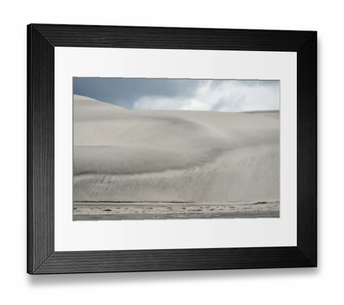 Framed Print : View of coastal sand dunes and beach at edge of lagoon, Laguna Ojo de Liebre (Scammons Lagoon)
