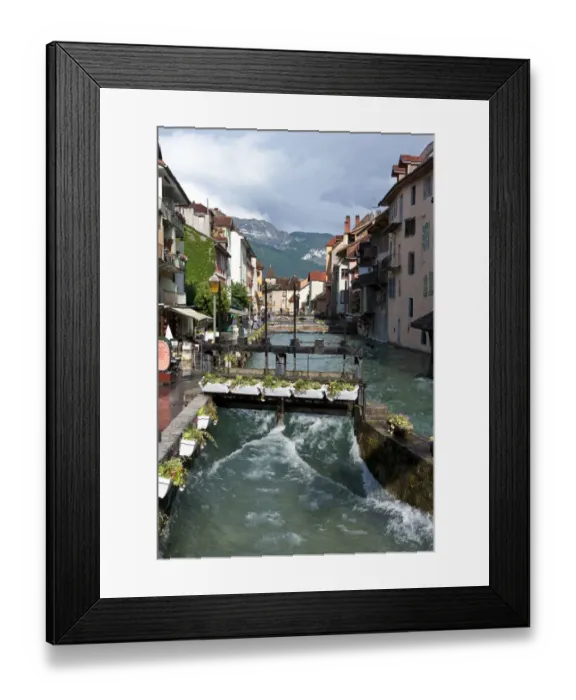Framed Print : Weir on canal in town, Thiou Canal, Annecy, Haute-Savoie, Rhone-Alpes, France, june
