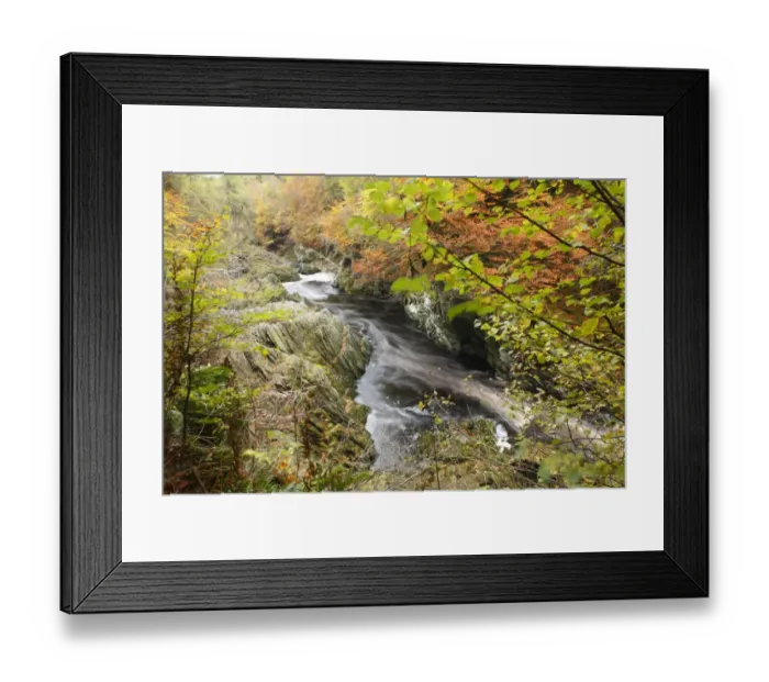 Framed Print : River flowing through wooded gorge habitat, Rocks of Solitude, River North Esk, near Edzell, Angus, Scotland, october Framed Print : River flowing through wooded gorge habitat, Rocks of Solitude, River North Esk, near Edzell, Angus, Scotland, october