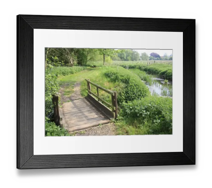Framed Print : Wooden footbridge on footpath beside lowland river, River Rattlesden, Stowmarket, Suffolk, England, april Framed Print : Wooden footbridge on footpath beside lowland river, River Rattlesden, Stowmarket, Suffolk, England, april