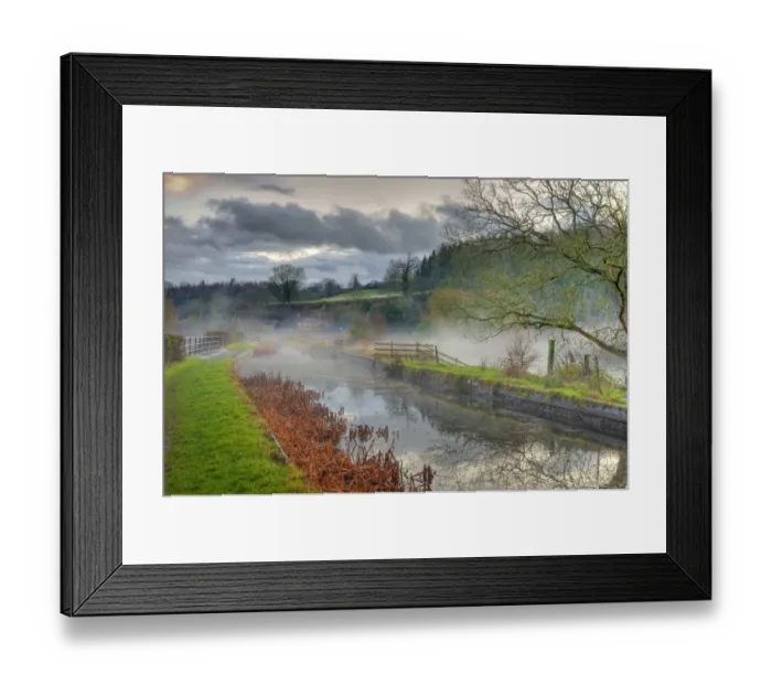 Framed Print : View of mist over canal aquaduct at dusk, Shopshire Union Canal, Wern, Powys, Wales, december Framed Print : View of mist over canal aquaduct at dusk, Shopshire Union Canal, Wern, Powys, Wales, december
