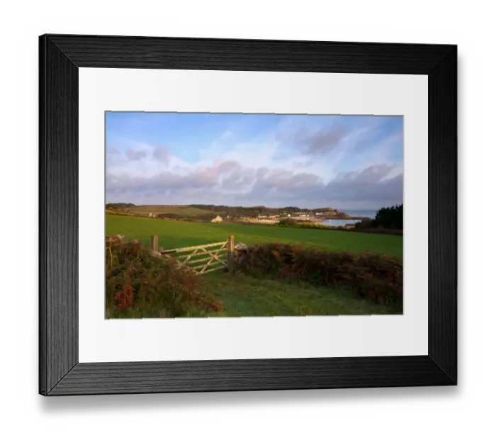 Framed Print : View of gate, pasture and distant coastal village at dawn, Old Grimsby, Tresco, Isles of Scilly, England, september Framed Print : View of gate, pasture and distant coastal village at dawn, Old Grimsby, Tresco, Isles of Scilly, England, september