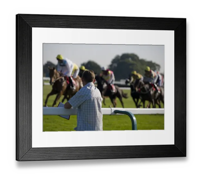 Framed Print : Horse racing, punter leaning on rail at racecourse, watching Thoroughbred racehorses during race, England, october Framed Print : Horse racing, punter leaning on rail at racecourse, watching Thoroughbred racehorses during race, England, october
