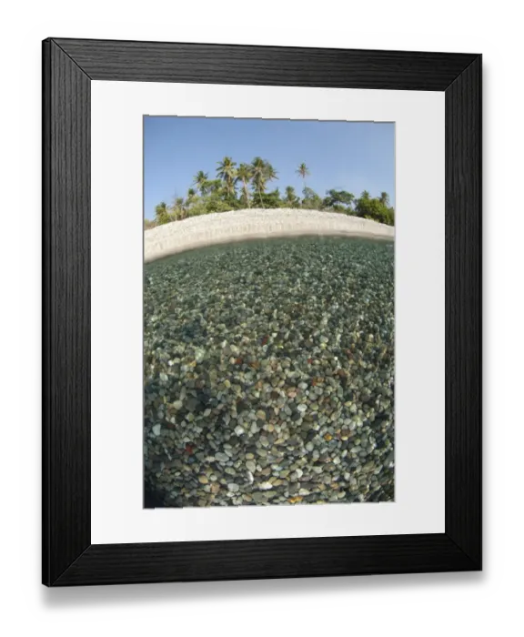 Framed Print : View of multi-coloured pebbles in shallows near shore from above and below water, Tutuntute, Wetar Island Framed Print : View of multi-coloured pebbles in shallows near shore from above and below water, Tutuntute, Wetar Island
