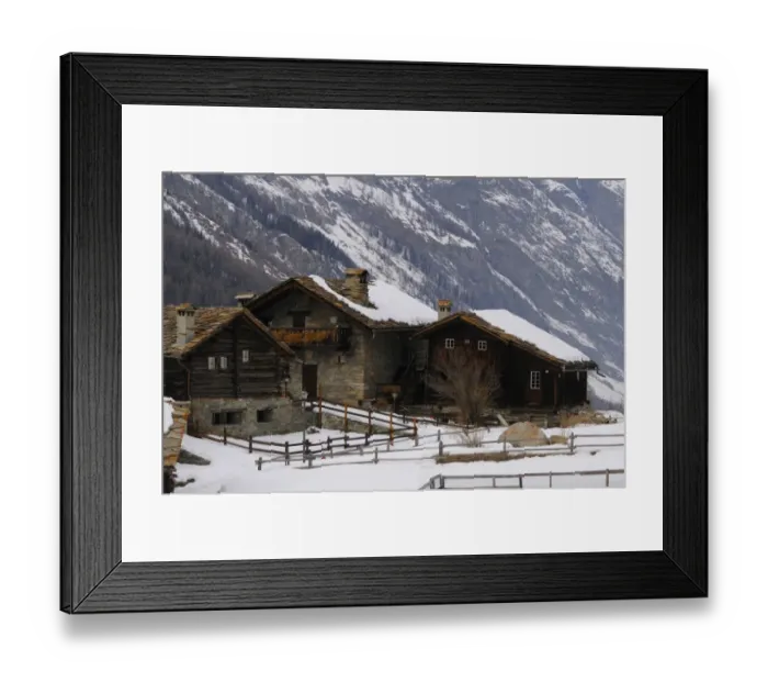 Framed Print : Alpine houses covered in snow, Gran Paradiso N. P. Graian Alps, Italian Alps, Italy, january