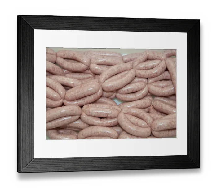Framed Print : Links of pork sausages in farm shop, Bradford, West Yorkshire, England, july