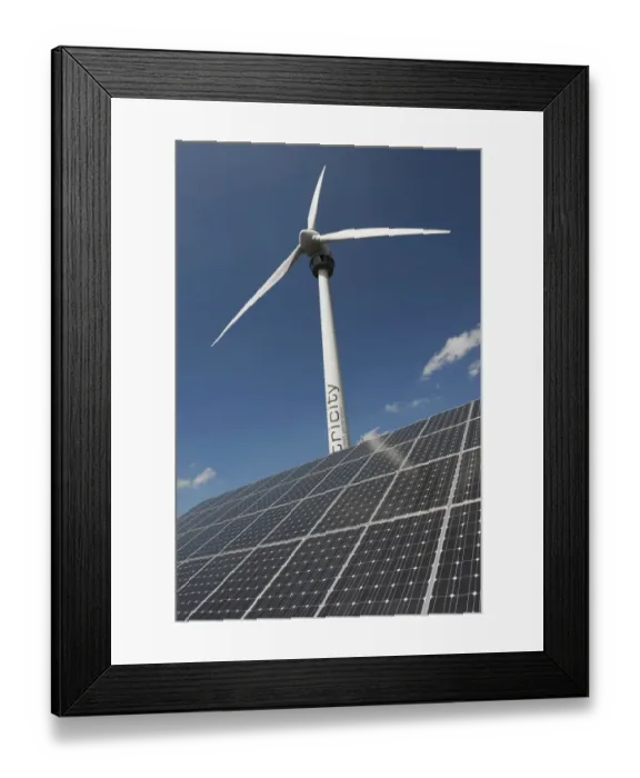 Framed Print : Wind turbine and solar panels at ecotech centre, Swaffham, Norfolk, England, august Framed Print : Wind turbine and solar panels at ecotech centre, Swaffham, Norfolk, England, august