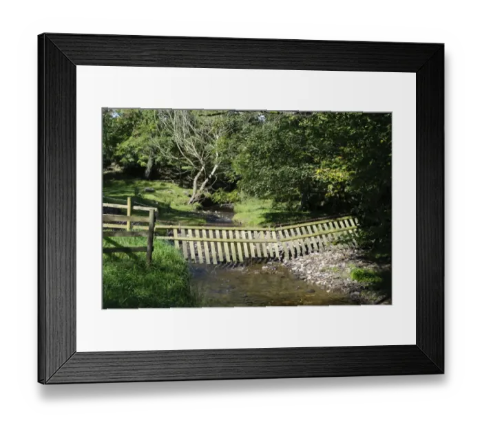 Framed Print : Livestock fence suspended over river, Whitewell, Lancashire, England, october Framed Print : Livestock fence suspended over river, Whitewell, Lancashire, England, october