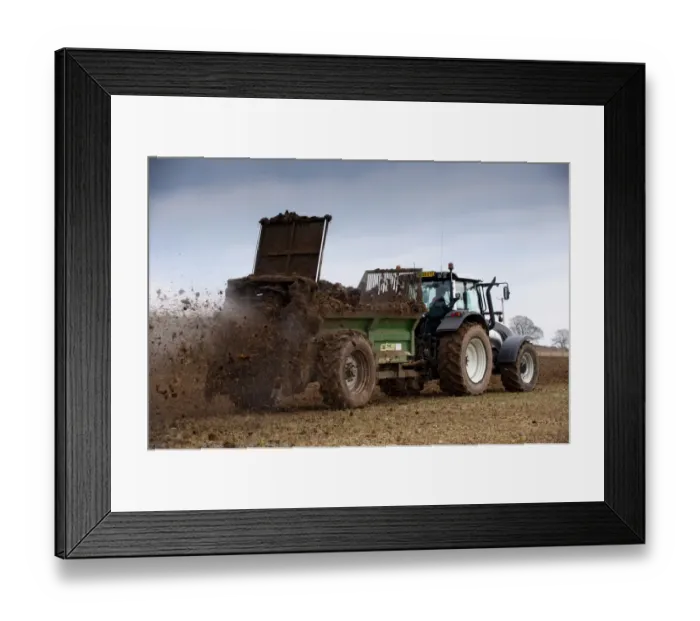 Framed Print : Valtra T151 tractor with muck spreader, spreading muck on arable field, England, march Framed Print : Valtra T151 tractor with muck spreader, spreading muck on arable field, England, march