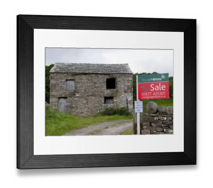 Framed Print : Rural farm barn with planning permission, with For Sale sign outside, North Yorkshire, England, august Framed Print : Rural farm barn with planning permission, with For Sale sign outside, North Yorkshire, England, august