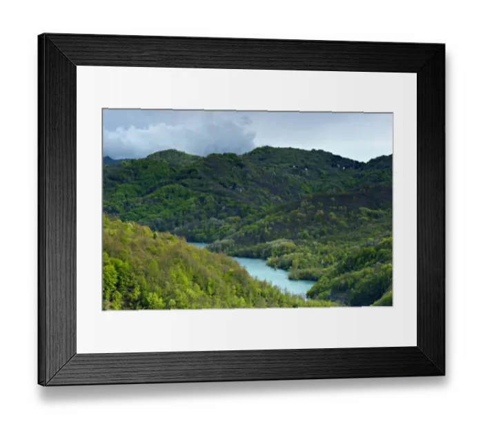 Framed Print : View of forested hills and lake, Lago del Brugneto, Antola Regional Park, Genova Province, Liguria, Italy, may Framed Print : View of forested hills and lake, Lago del Brugneto, Antola Regional Park, Genova Province, Liguria, Italy, may