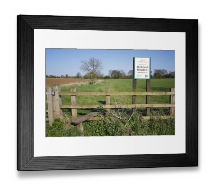 Framed Print : Reserve sign, stile and path beside arable fields towards unimproved hay meadow reserve Framed Print : Reserve sign, stile and path beside arable fields towards unimproved hay meadow reserve
