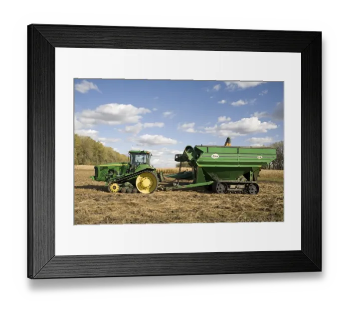 Framed Print : Maize (Zea mays) crop, John Deere 8520T tracked tractor with tracked grain wagon being loaded at harvest, South Dakota Framed Print : Maize (Zea mays) crop, John Deere 8520T tracked tractor with tracked grain wagon being loaded at harvest, South Dakota