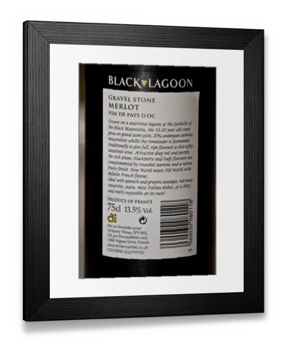 Framed Print : Close-up of Merlot wine bottle label, showing alcohol content and recycling symbol Framed Print : Close-up of Merlot wine bottle label, showing alcohol content and recycling symbol